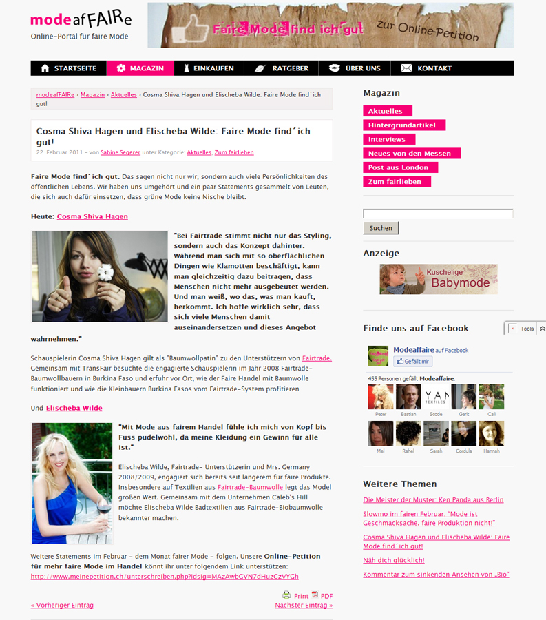 Cosma Shiva Hagen und Elischeba Wilde lieben faire Mode